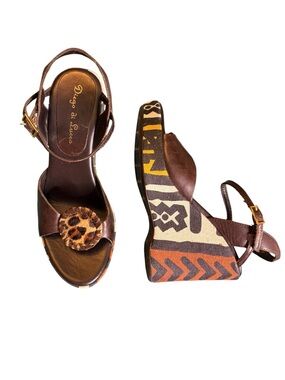 Wedge Sandals 7 Brown Leather Tribal Leopard Diego di Lucca